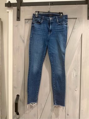 MOTHER Skinny Jeans in Blue Denim with Frayed Ankles